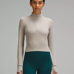 Lululemon It's Rulu Ribbed Cropped Half Zip size 10 Nomad Tan Gray